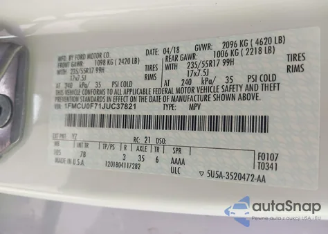 2018 Ford Escape S z USA, uszkodzony, nr VIN 1FMCU0F71JUC37821